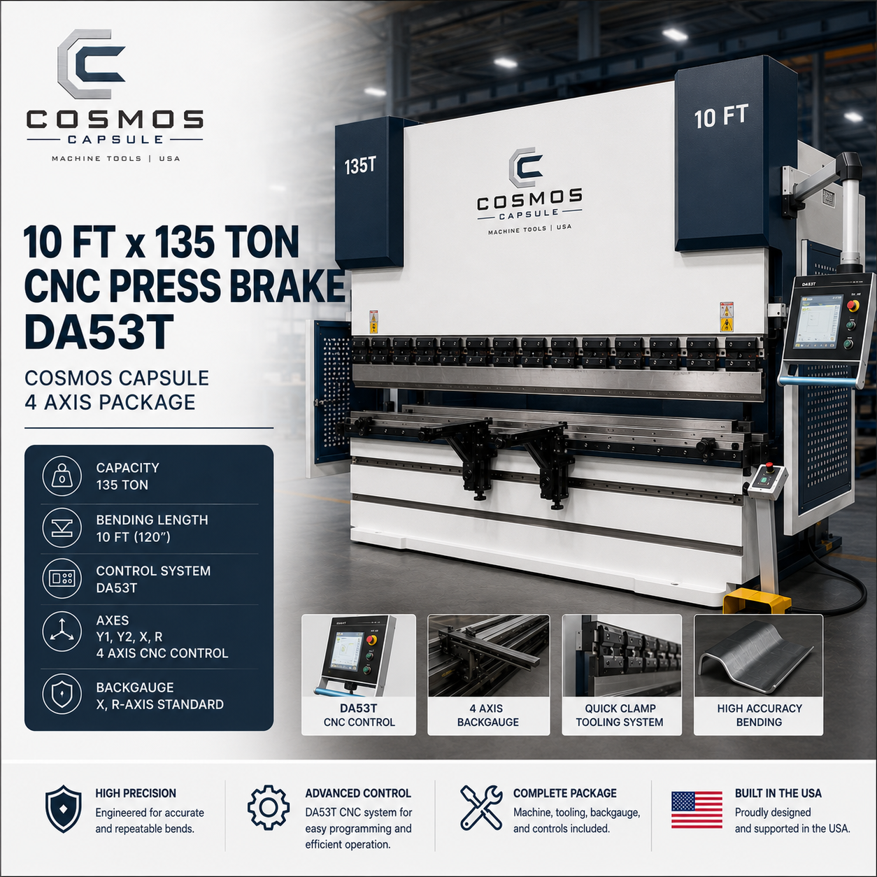 10 ft x 135 Ton 4-Axis CNC Hydraulic Press Brake with DA53T
