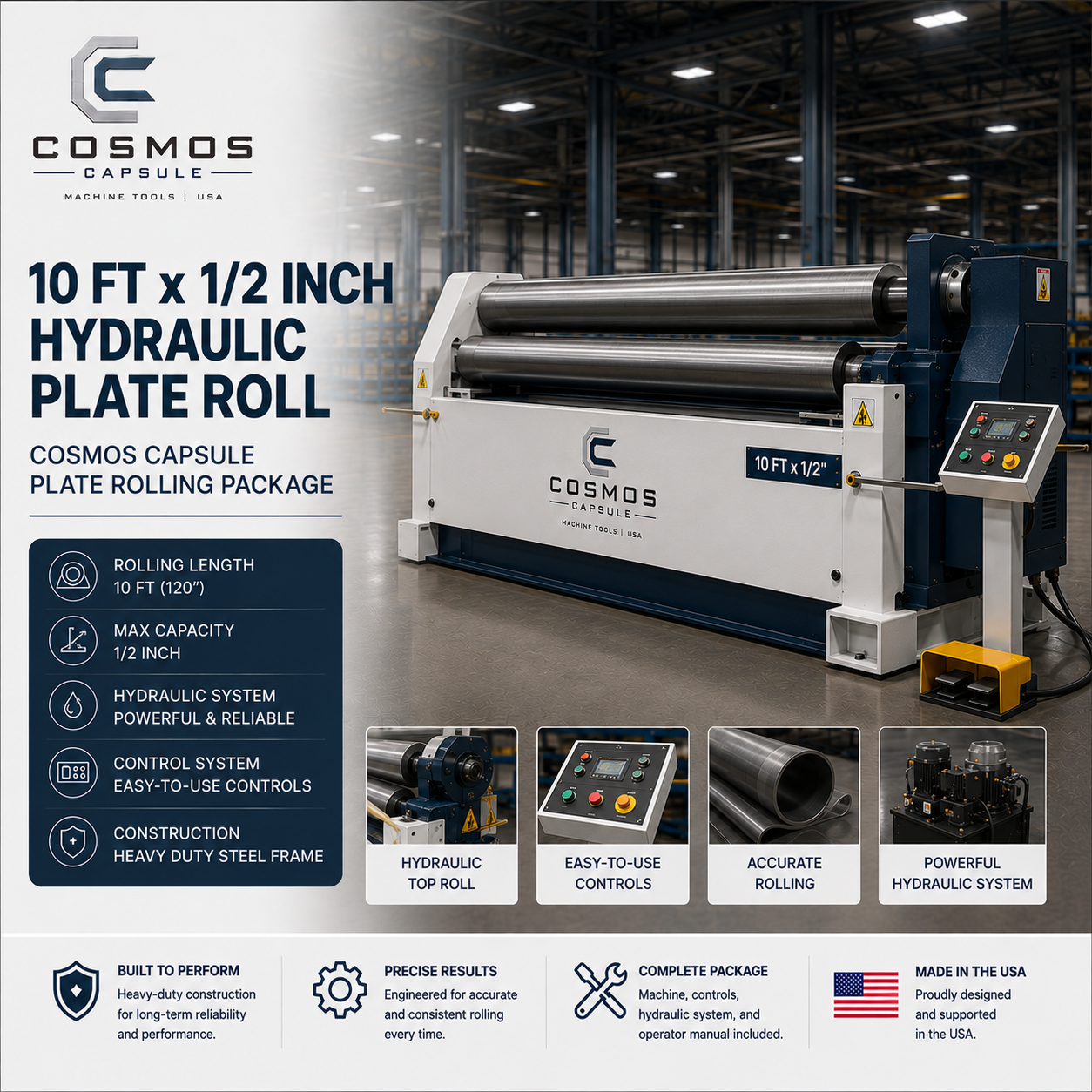 10 ft x 1/2 inch Hydraulic Plate Roll - Cosmos Capsule Plate Rolling Package