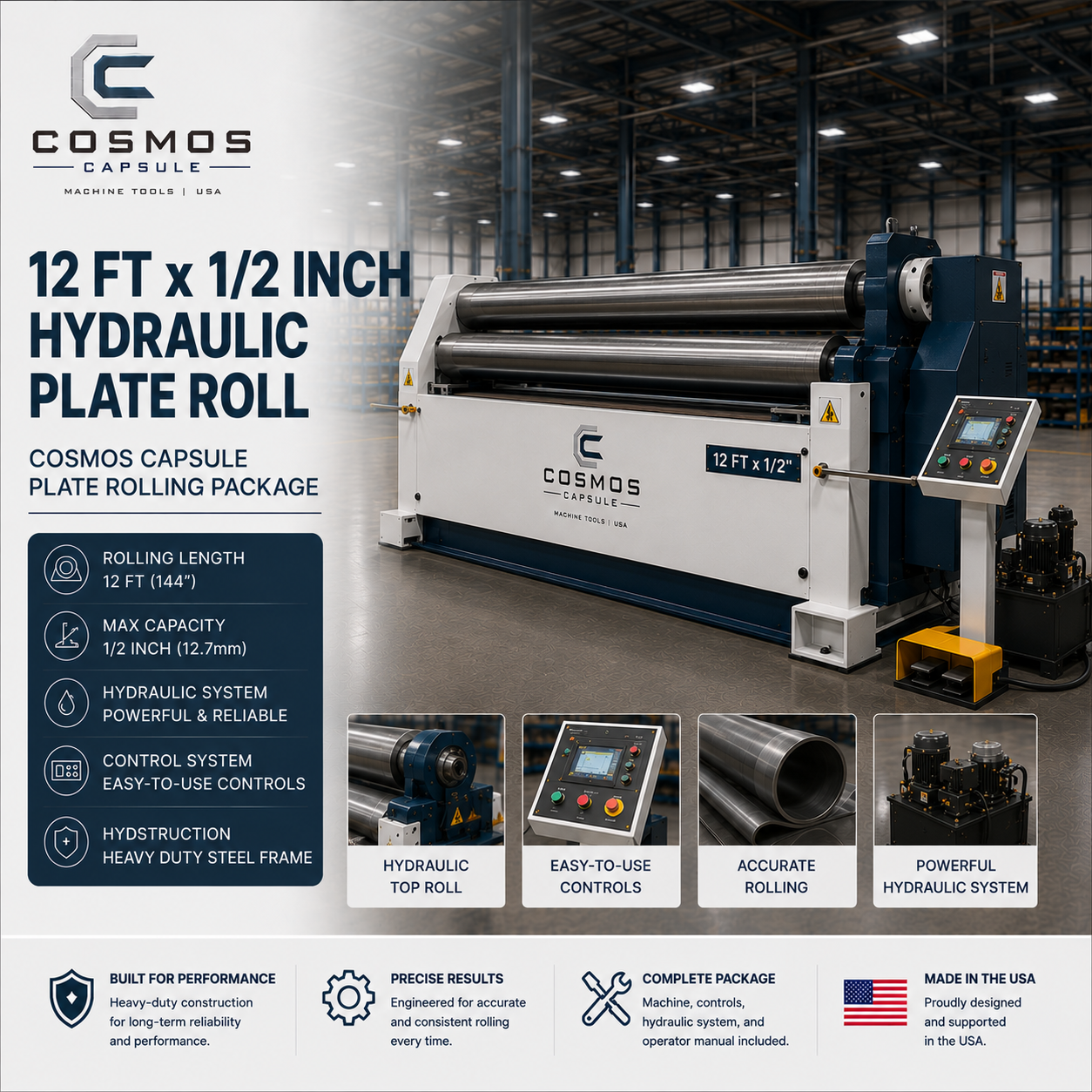 12 ft x 1/2 inch Hydraulic Plate Roll - Cosmos Capsule Plate Rolling Package