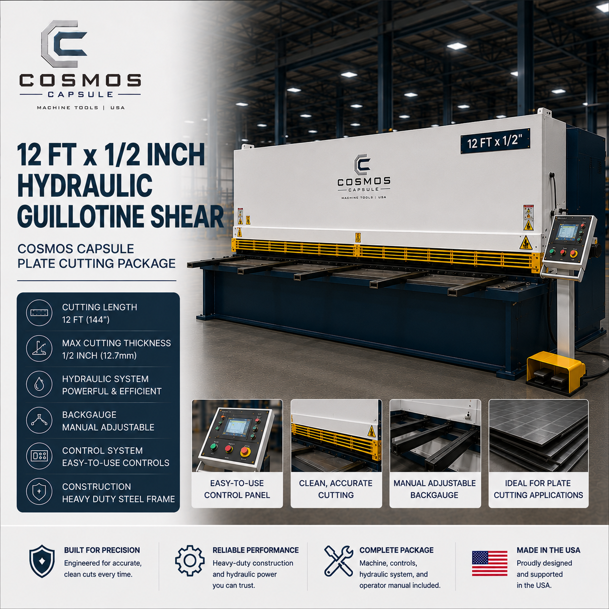 12 ft x 1/2 inch Hydraulic Guillotine Shear - Cosmos Capsule Plate Cutting Package