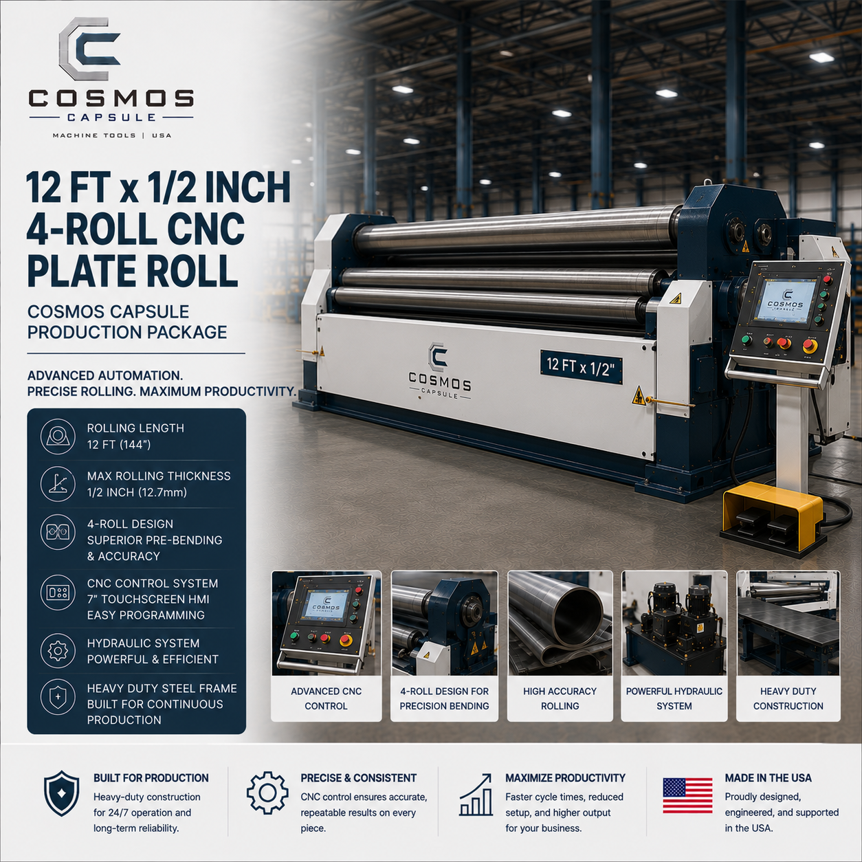 12 ft x 1/2 inch 4-Roll CNC Plate Roll - Cosmos Capsule Production Package