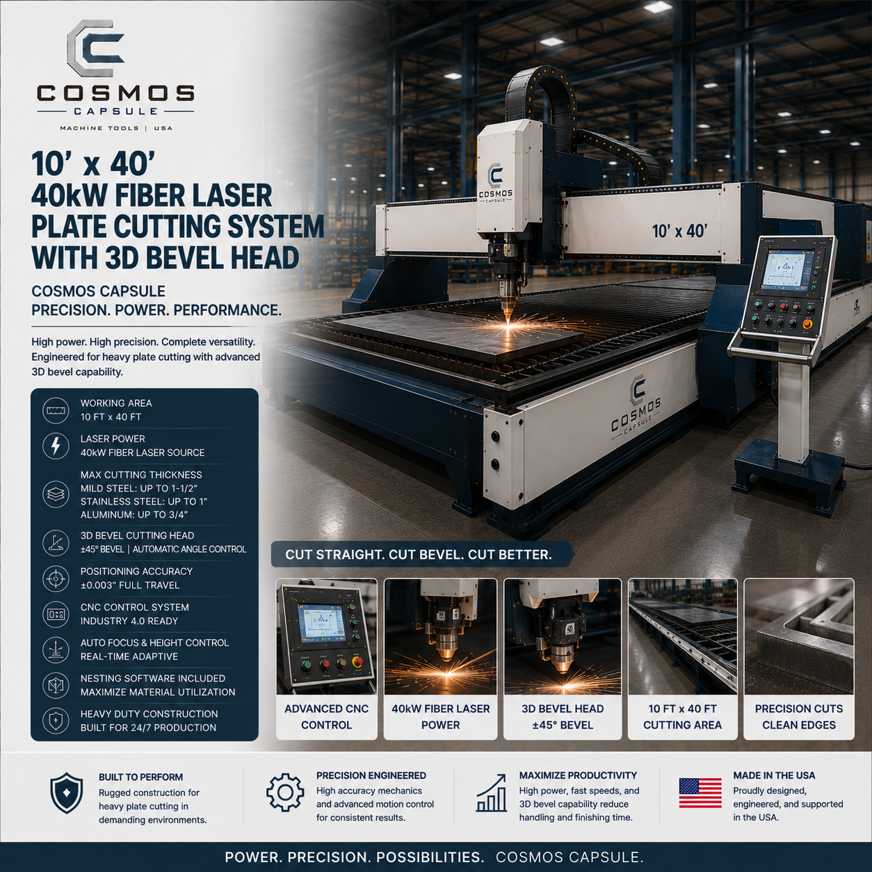 10x40 40kW Fiber Laser Plate Cutting System with 3D Bevel Head - Cosmos Capsule