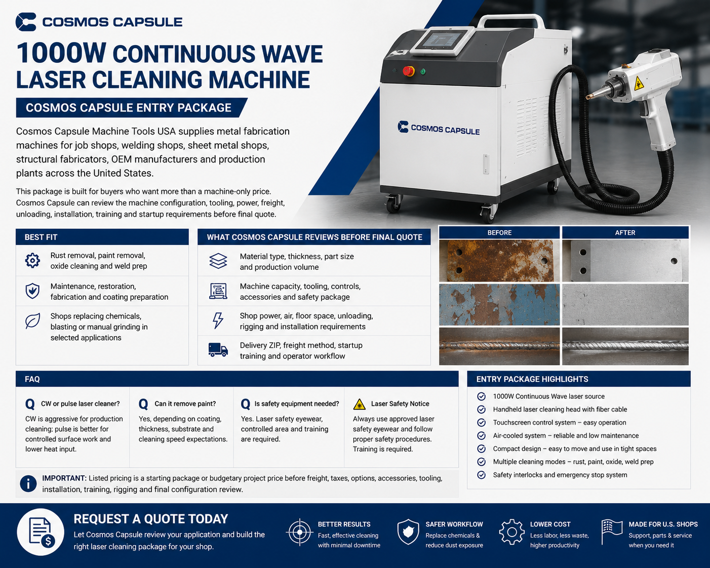 1000W Continuous Wave Laser Cleaning Machine - Cosmos Capsule Entry Package