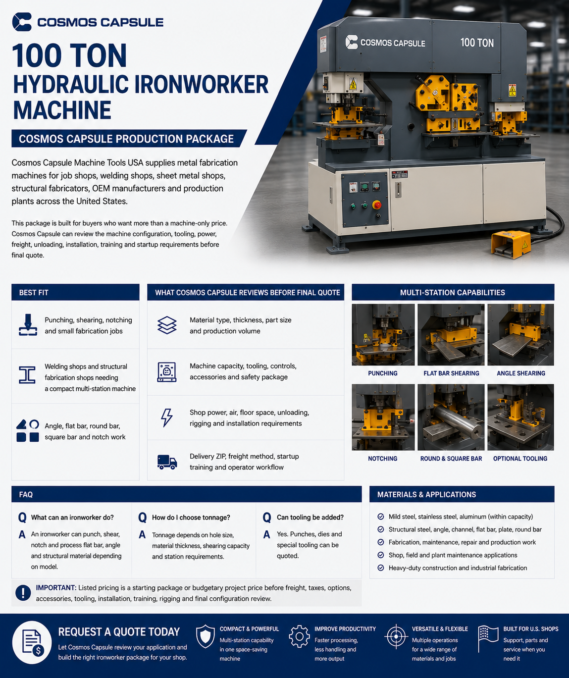 100 Ton Hydraulic Ironworker Machine - Cosmos Capsule Production Package