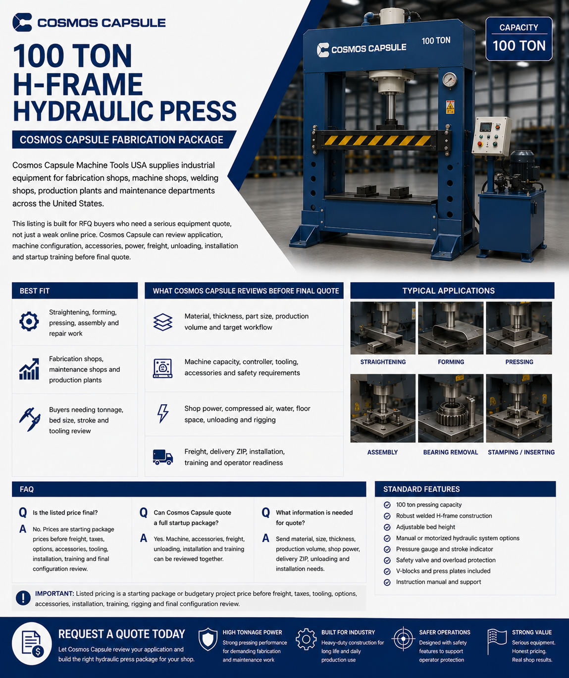 100 Ton H-Frame Hydraulic Press - Cosmos Capsule Fabrication Package