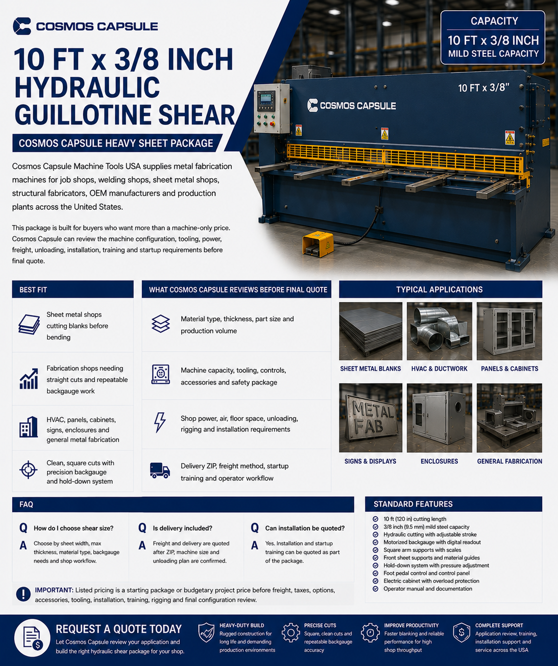 10 ft x 3/8 inch Hydraulic Guillotine Shear - Cosmos Capsule Heavy Sheet Package