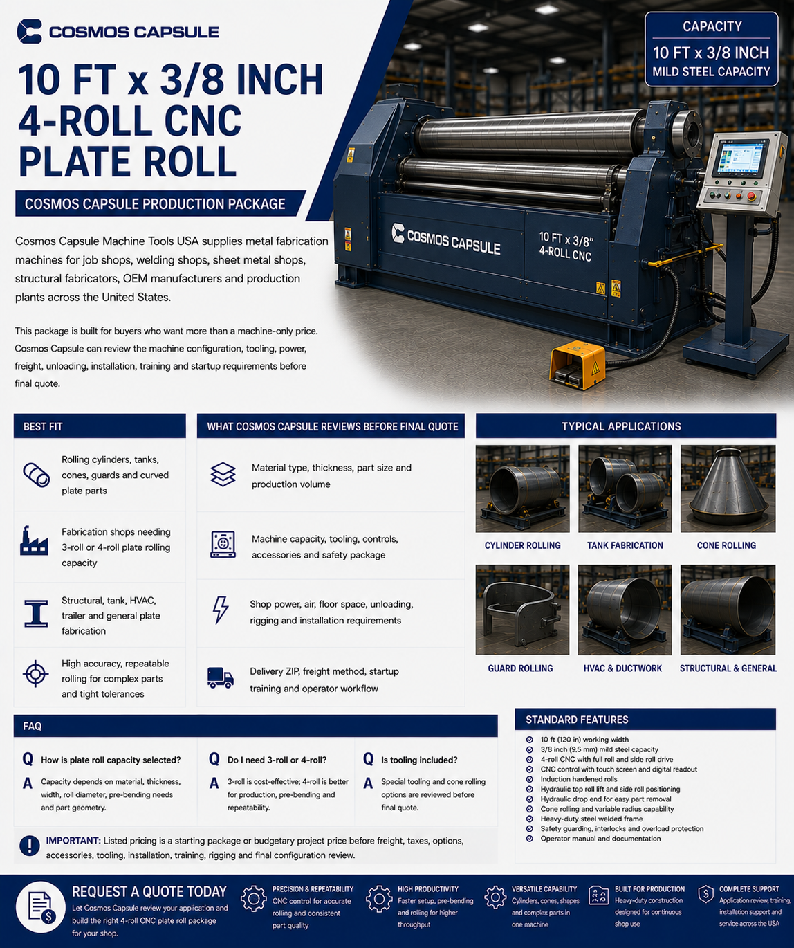 10 ft x 3/8 inch 4-Roll CNC Plate Roll - Cosmos Capsule Production Package